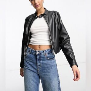 ASOS Design Faux Leather Shrunken Moto Biker Jacket in Black